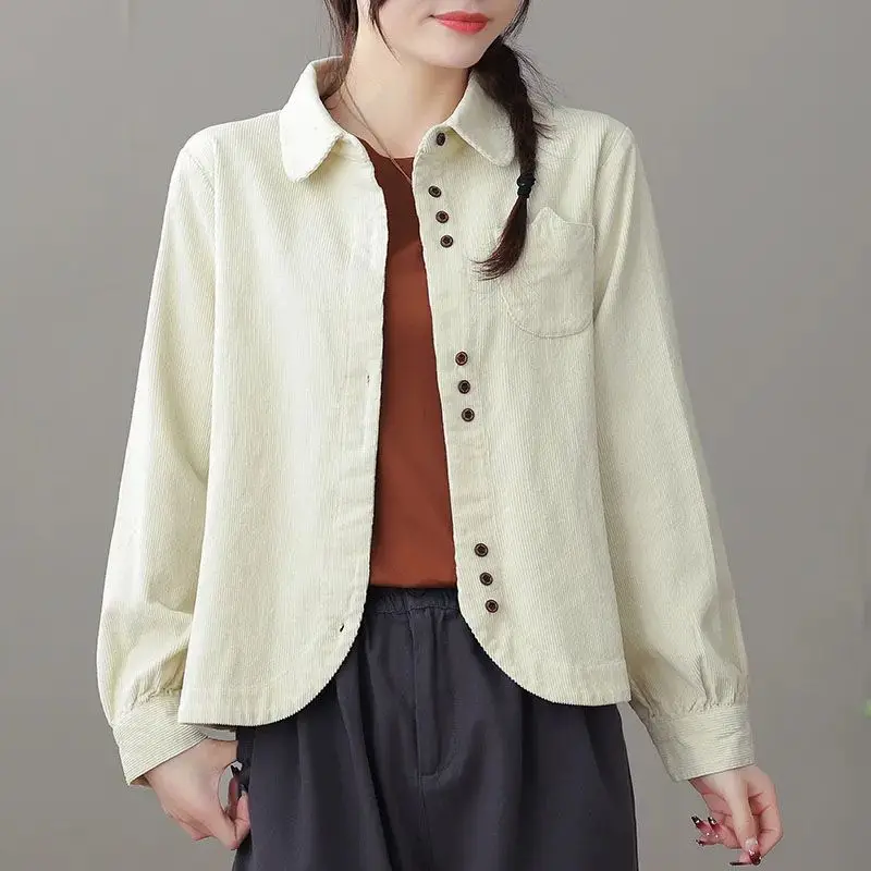 

2023 New Spring and Autumn Simple Retro Literature Loose Relaxed Lapel Solid Color Long Sleeve Slim Women's Corduroy Coat