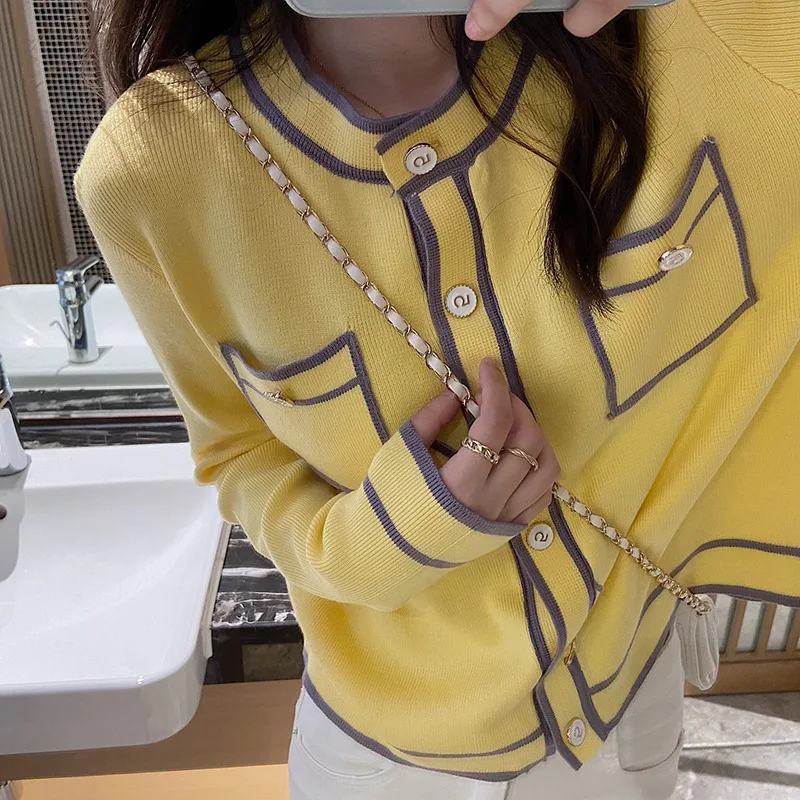 

Yellow Xiaoxiangfeng Knitted Cardigan 2021 Early Autumn New Thin Style Slim Fashion Versatile Short Sweater Coat Woman