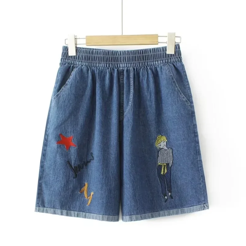 

Plus Size Women Wide Leg Jeans Oversized Curve Clothes High Waist Embroidery Denim Knee Length Shorts Summer 2023