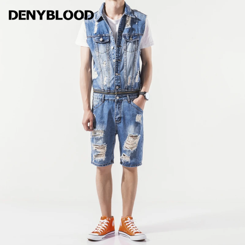 Denyblood Jeans Mens Denim Overalls Distressed Jeans Ripped Hole Destroyed Bib Shorts Jumpsuit for Men Short Jeans K8125