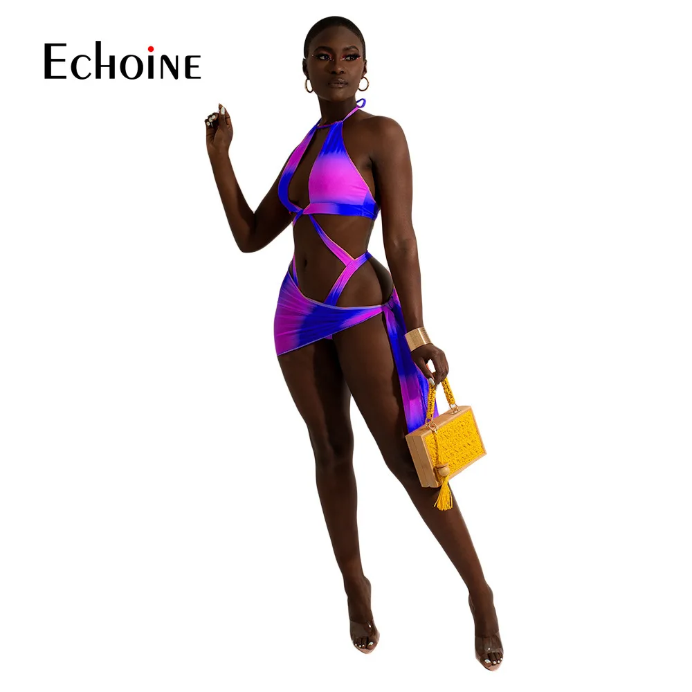 Купальник-бикини женский из трех предметов с градиентным принтом и лямкой на шее