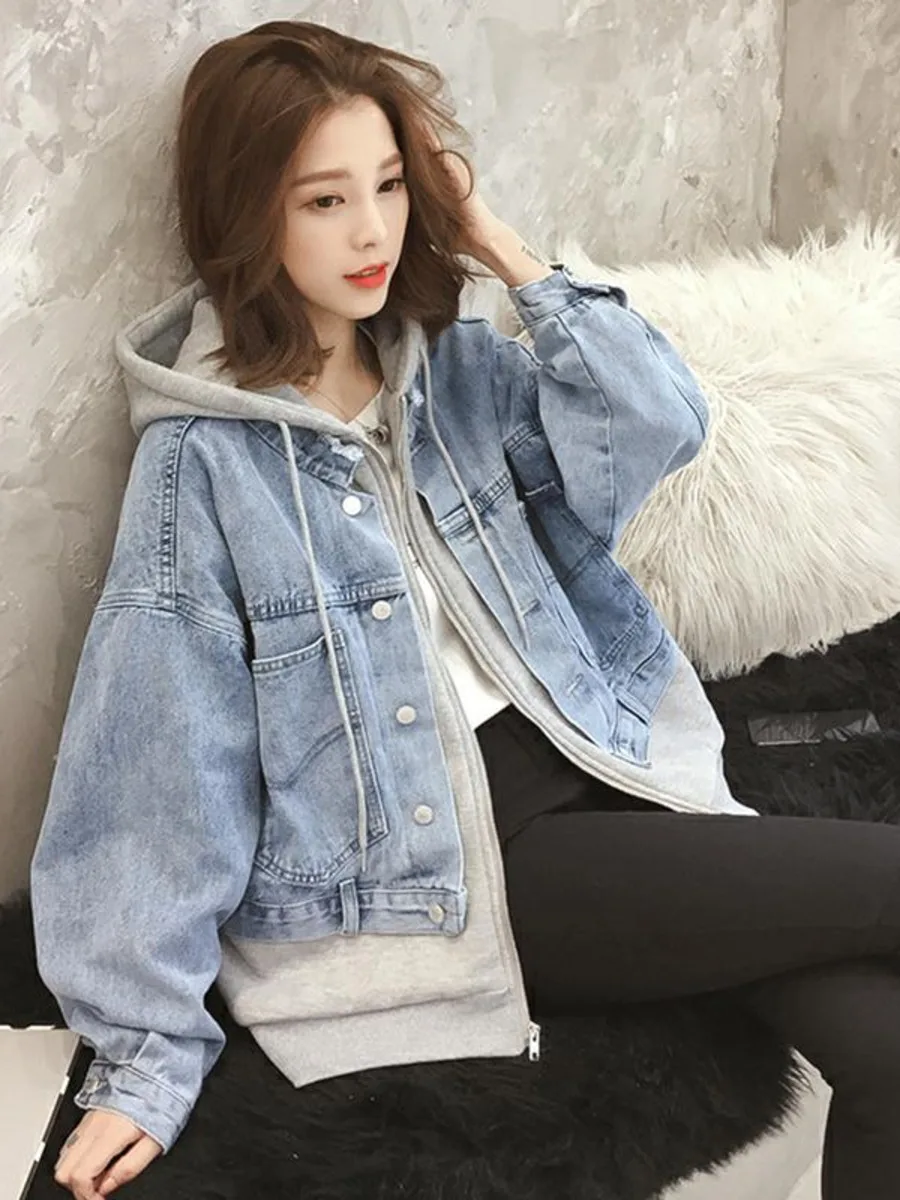 Поддельная двухсекционная джинсовая куртка с капюшоном в стиле пэчворк женская