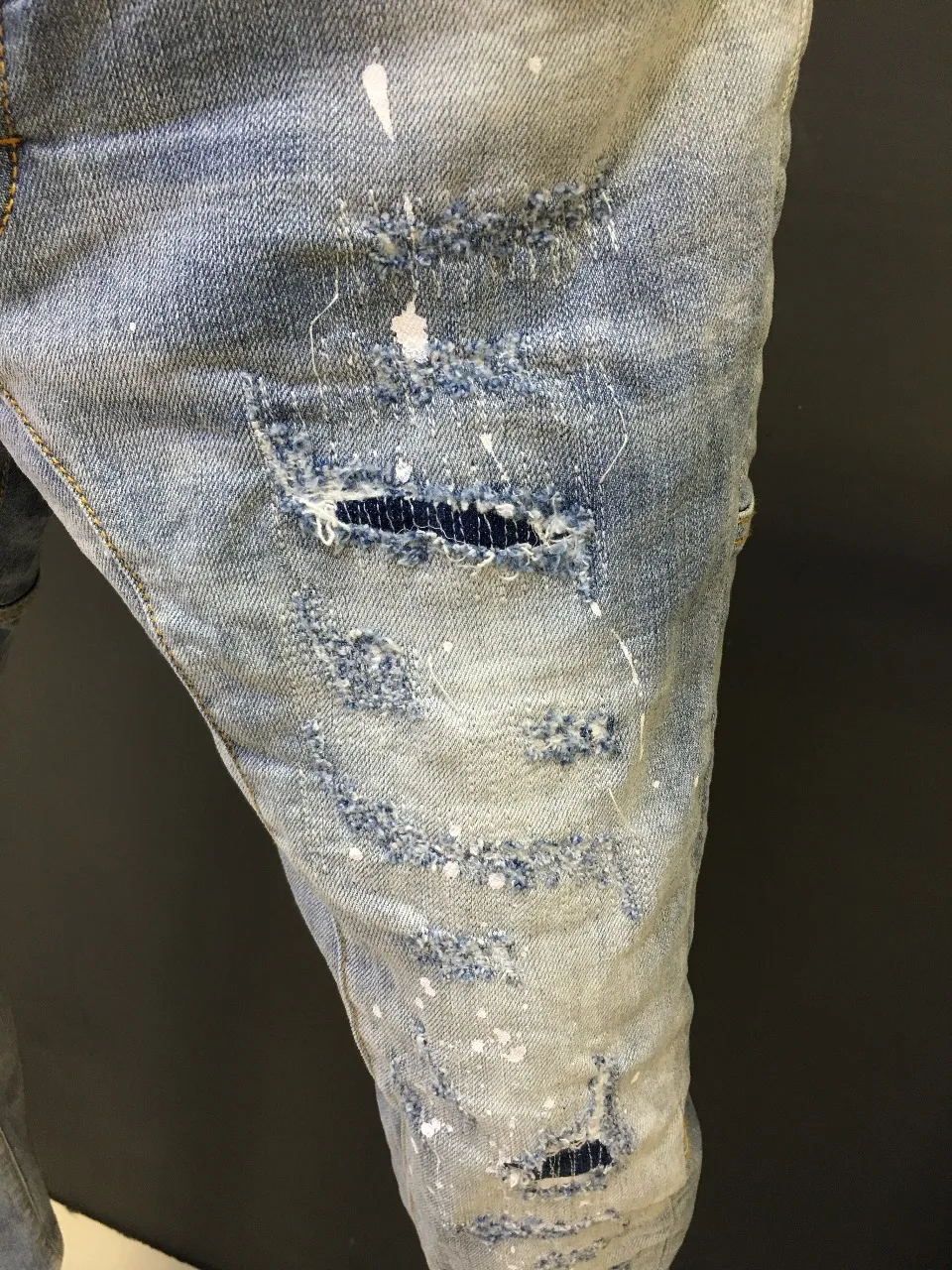2023 Spring/Summer New D2 Jeans Men's Fashion Men's Water Wash Worn Hole Patch Speckled Ink 3D Cut Small Feet Dark Blue