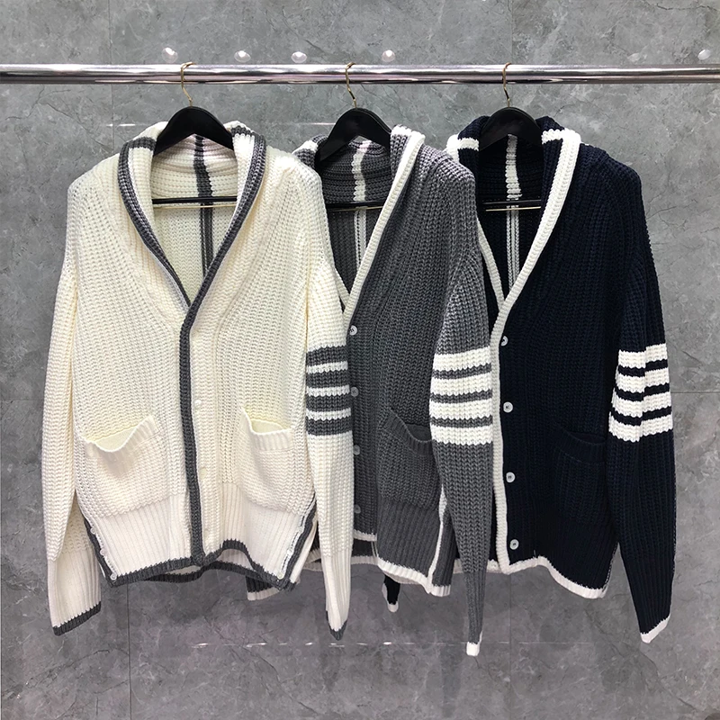 TB THOM V-Neck Cardigan Wool Sweater Coat Autunm Winter Fashion Brand Men’s Outsweater White 4-Bar Striped Design Classic Coats
