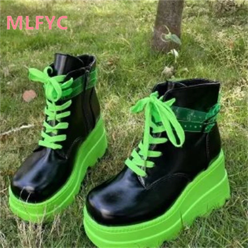 

New Bright Leather Lace up Thick Sole Short Boots for Women's Casual Comfort Single Boot Fashion Simple female Shoes