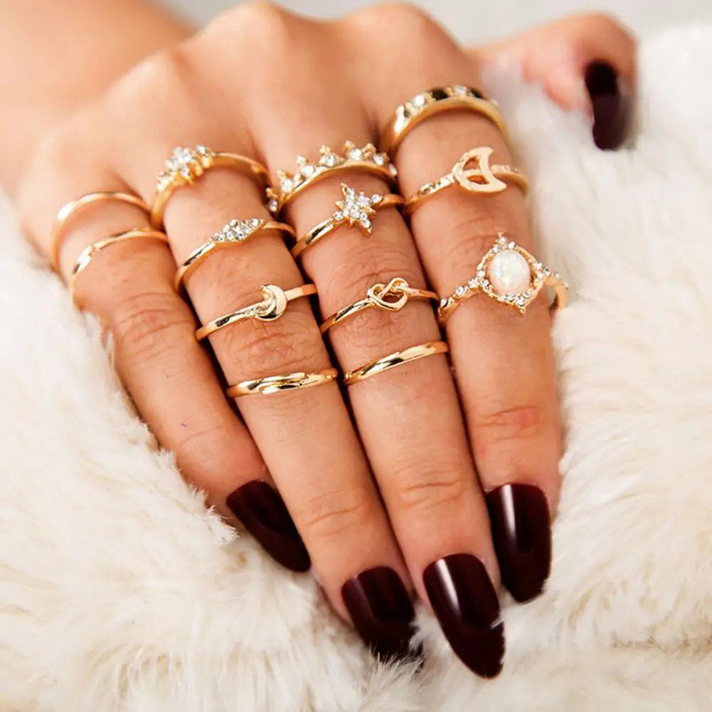 

13Pcs/Set Fashion Ring Shining Rhinestone Crown Moon Star Knuckle Ring for Party