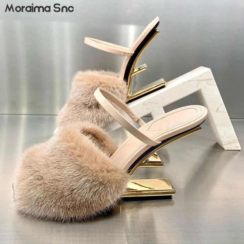 Special-Shaped Heel Hollow Fish Mouth Slippers French One-Word Sheep Wool High-Heeled Sandals Fashion Personality Women's Shoes