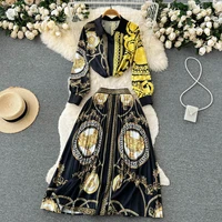 2022 autumn fashion runway midi skirt sets womens long sleeve contrast color yellow black shirt pleated skirts two piece suits