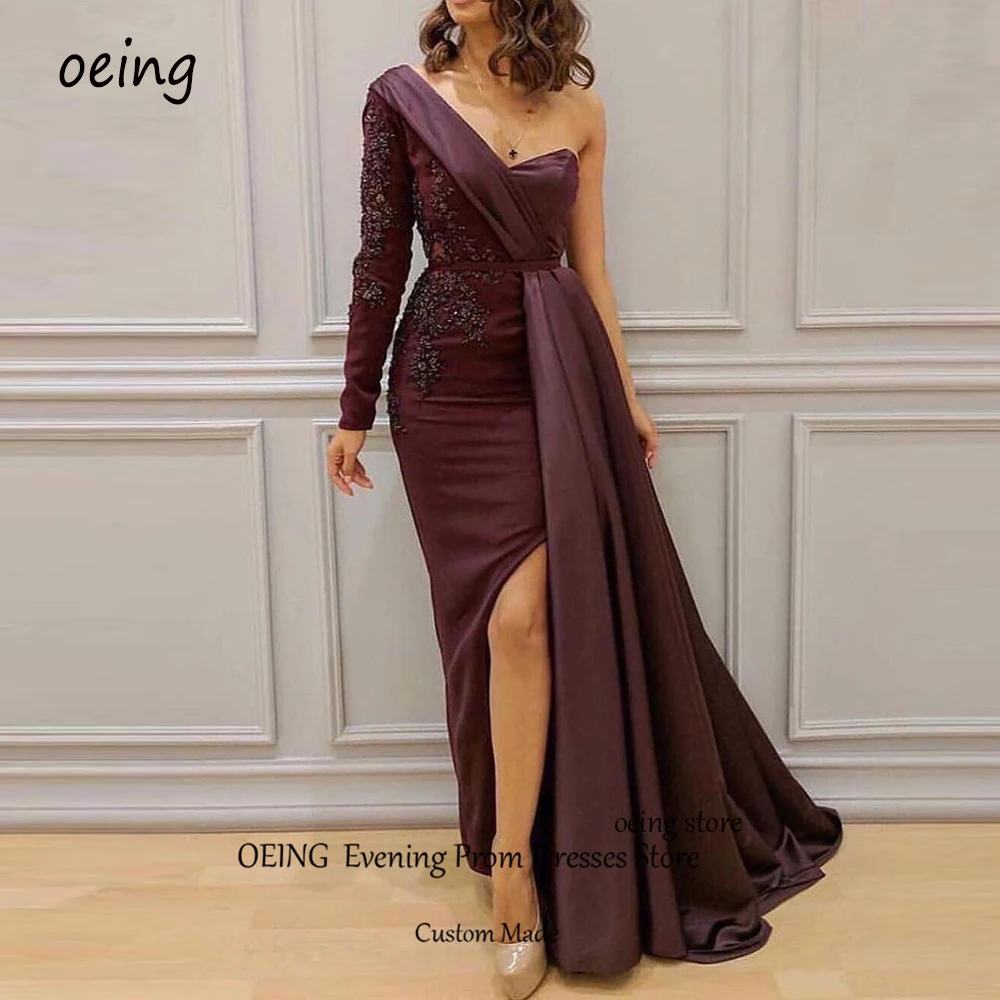 

OEING Arabic Women Satin Mermaid Evening Dresses Oversirt Long Sleeve One Shoulder Applique Beads Slit Formal Prom Gowns