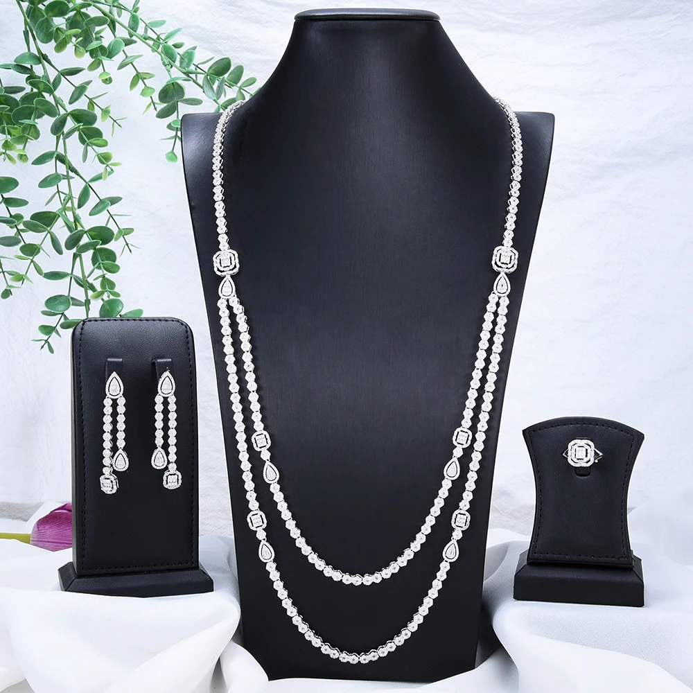 

Siscathy Fashion Trend Long Luxury Necklace Earrings Rings Jewelry Set For Women Simple Wedding Engagement Party Accessories