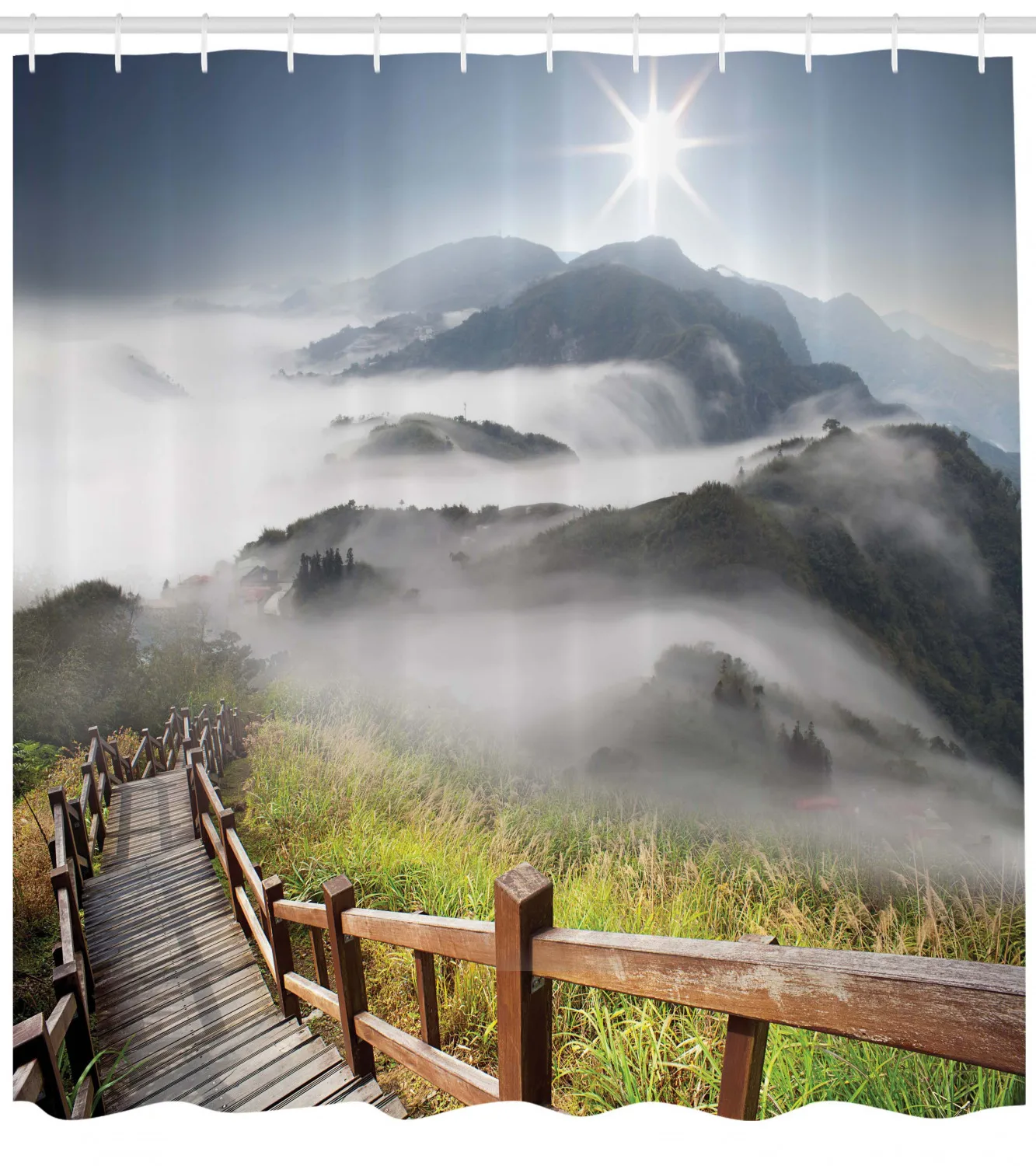 Занавеска для душа с изображением природы туманных гор травянистая занавеска