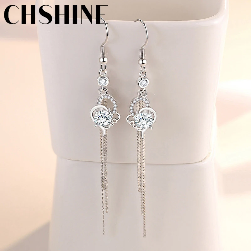 

CHSHINE 925 Sterling Silver Love Heart Zircon Tassel Earrings For Women Wedding Banquet Fashion Lady Party Gift Jewelry