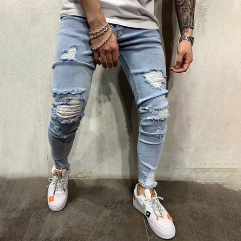 Mens Knee Hole Jeans Slim Fit Pencil Pants Men's Jeans Fashion Four Seasons High Street Denim Pants Full Length Skinny Jeans Men