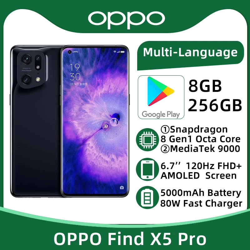 

OPPO Find X5 Pro 5G 8 ГБ 128 ГБ 6,7 "120 Гц AMOLED гибкий изогнутый экран 50-мегапиксельная камера 5000 мАч Аккумулятор 80 Вт зарядное устройство