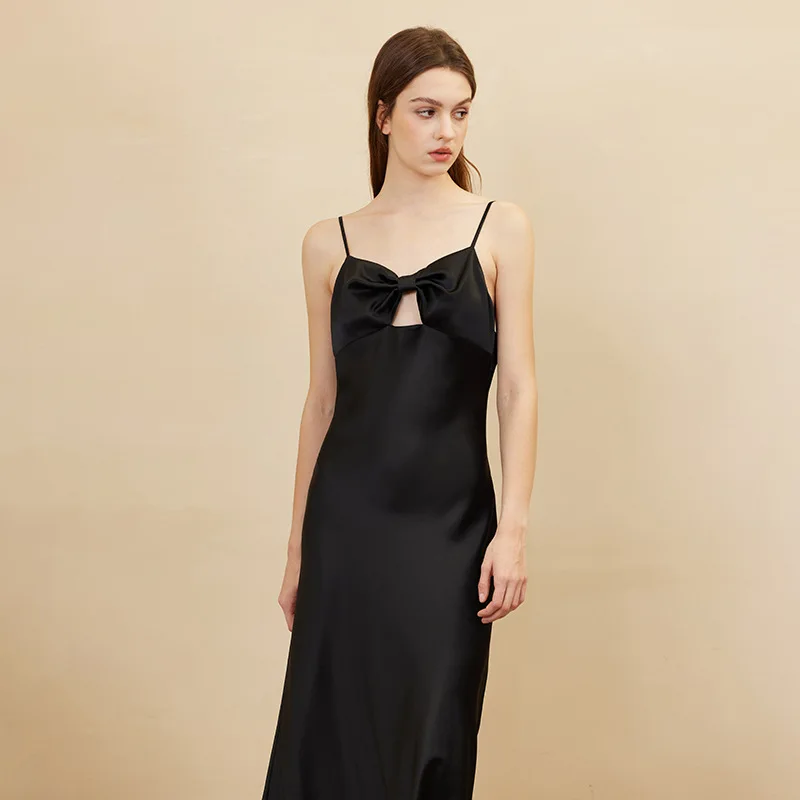 Сексуальное вечернее платье из 100% тутового шелка с бантом на груди тонких