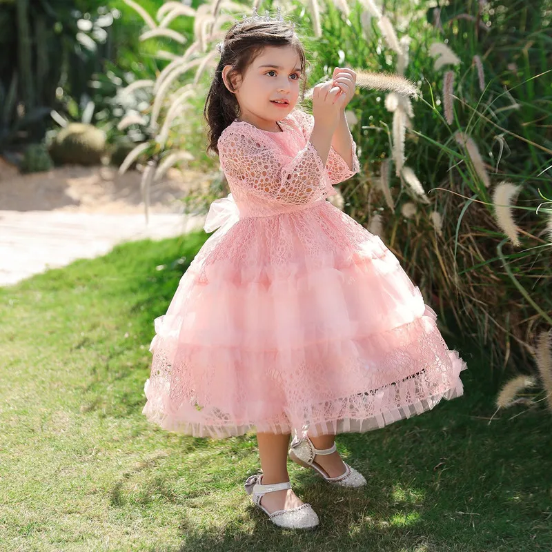 

Sweety Kids Princess Party Dress Baby Girls Hollow Out Layered Tulle Sundress Child Bowknot Ball Gown Children Elegant Partywear