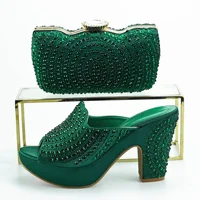 Green Women Shoe with Matching Purse Platform Shoes and Bags Set Sparkly Bling Bling Rhinestone Wedding Pumps and Clutch Purse