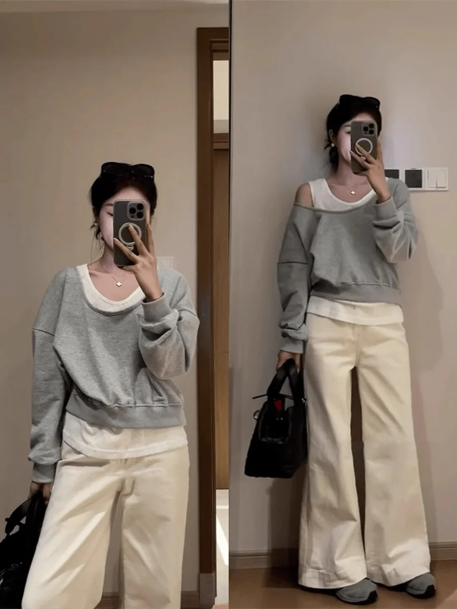 Серый большой двусторонний комплект с U-образным вырезом свободный повседневный