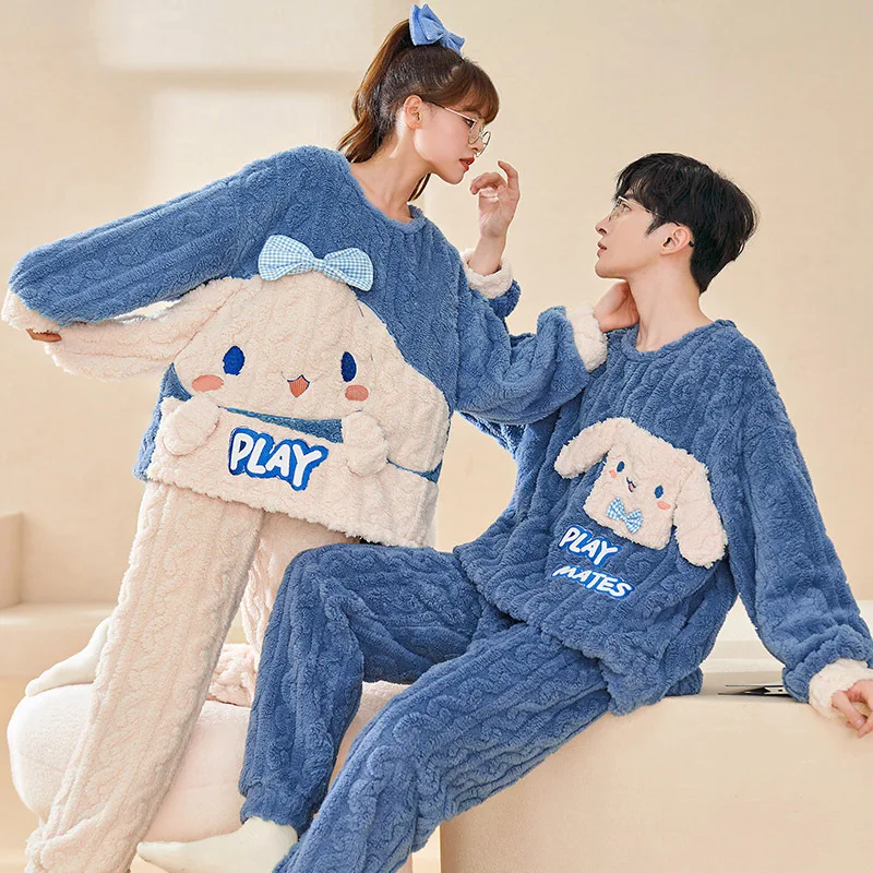 

Sanrio Warm Pajamas Set Cinnamoroll Home Suit Lovers Sleepwear Long Velvet Thicken Sets
