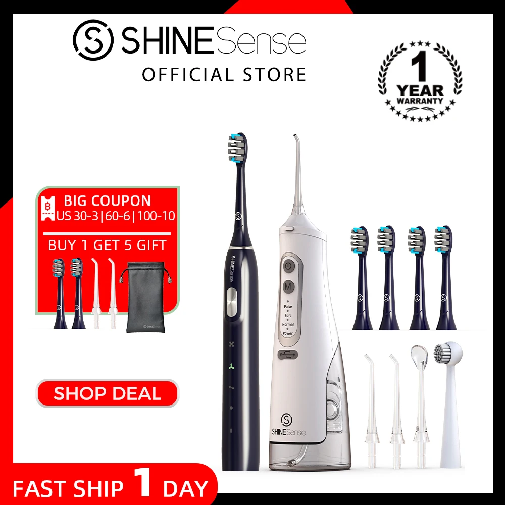 ShineSense Oral Irrigator Dental Water Flosser with Sonic Electric Toothbrush USB Charging Waterproof for Teeth Cleaning Kit