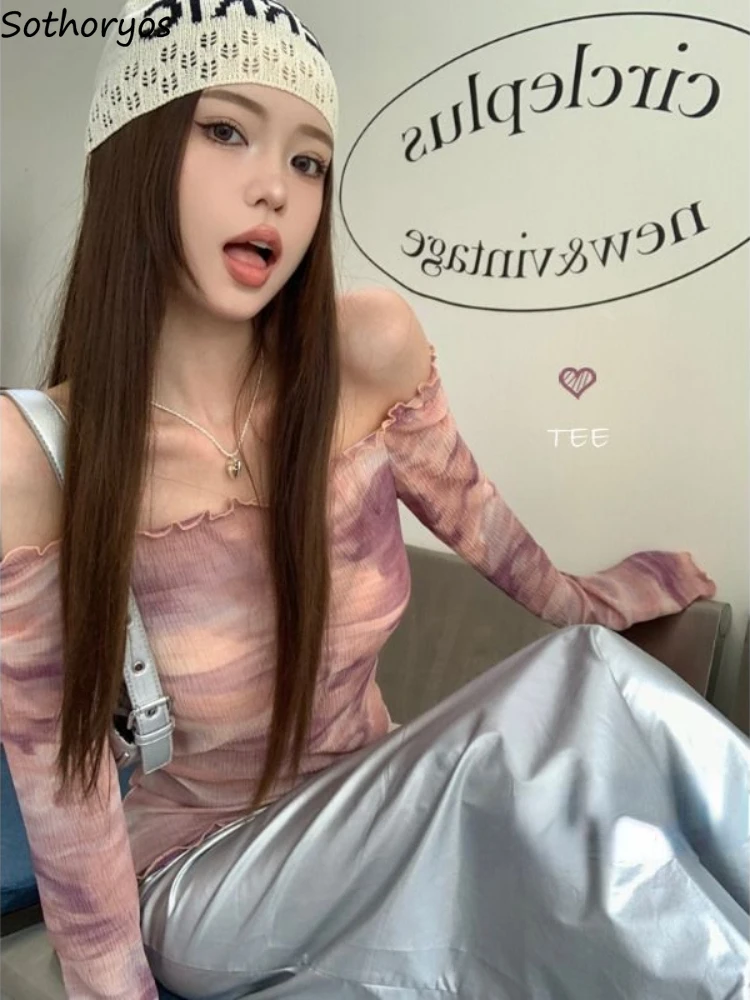 

Slash Neck T-shirts Women Retro Tie Dye Sexy Design Simple Cool Ulzzang Female Holiday Summer Prevalent Aesthetic Tees Basics