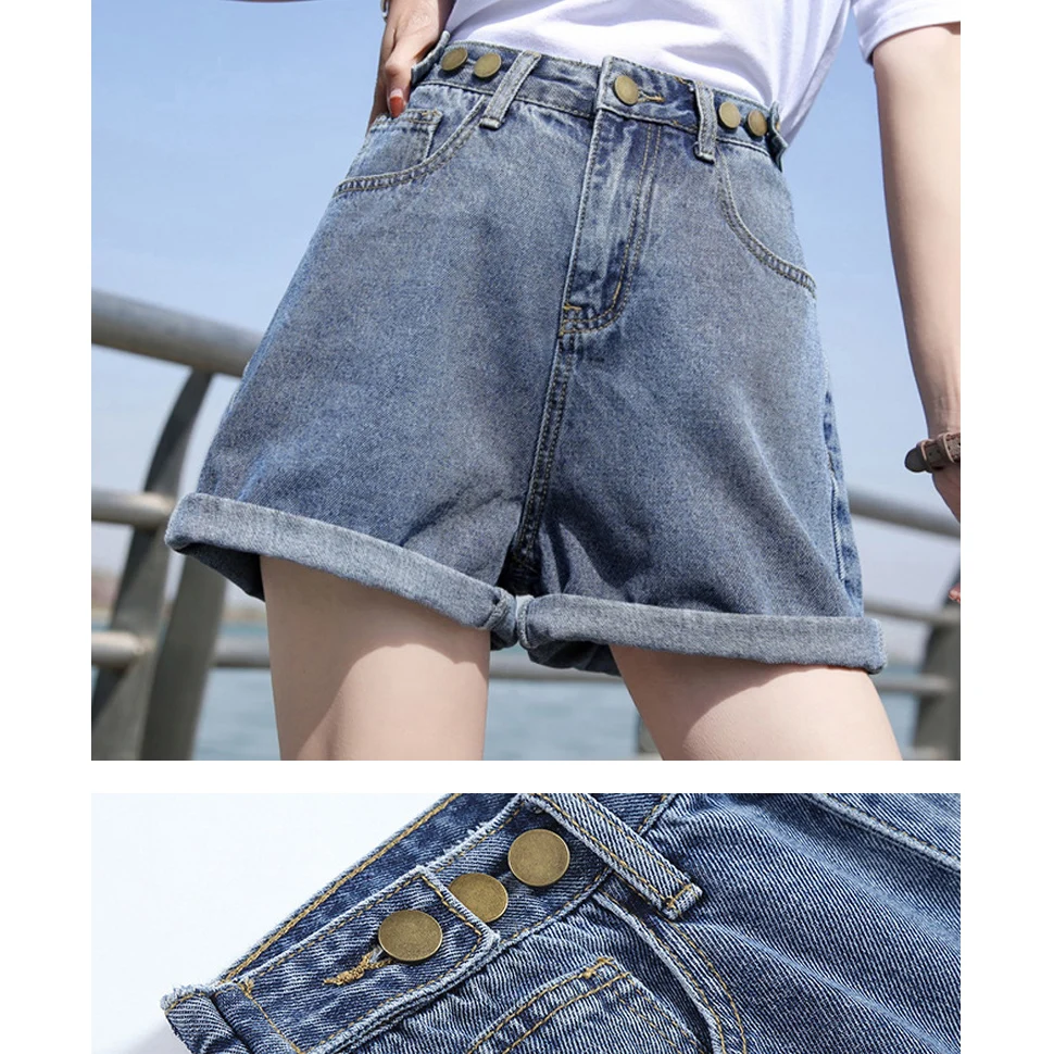 

Шорты женские джинсовые с завышенной талией, повседневные свободные штаны с широкими штанинами, на пуговицах, AM4065, на лето