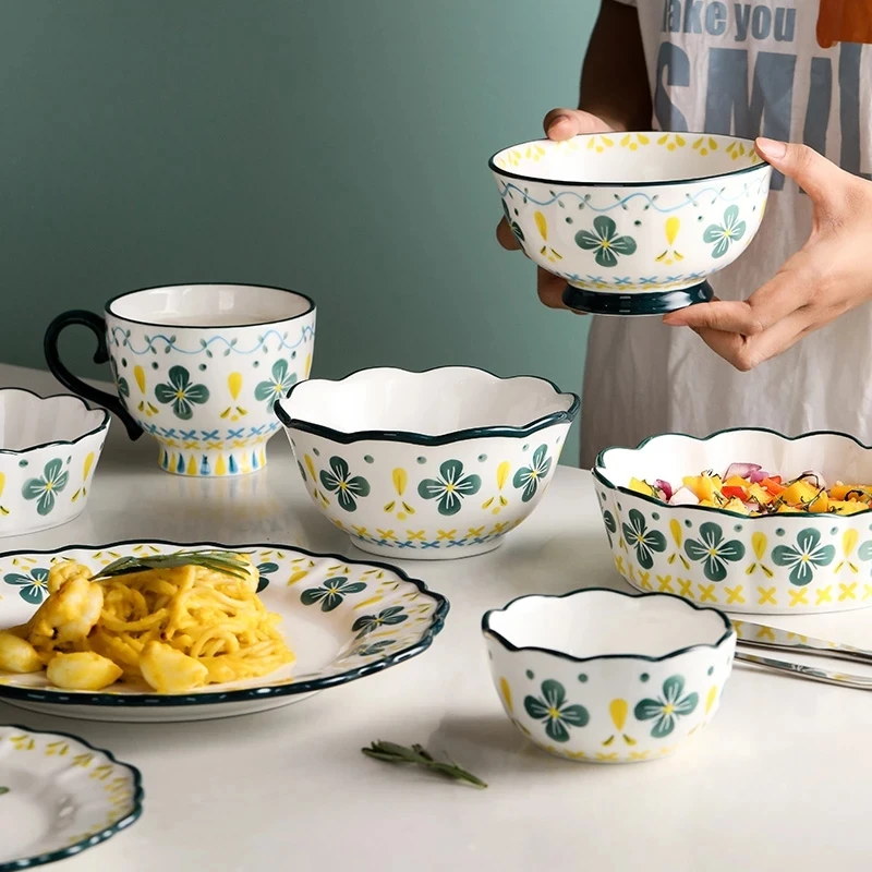 

Керамическая посуда в стиле ретро, тарелка с тисненым цветком, посуда, бытовая суповая миска для салата 6/7/8 дюймов