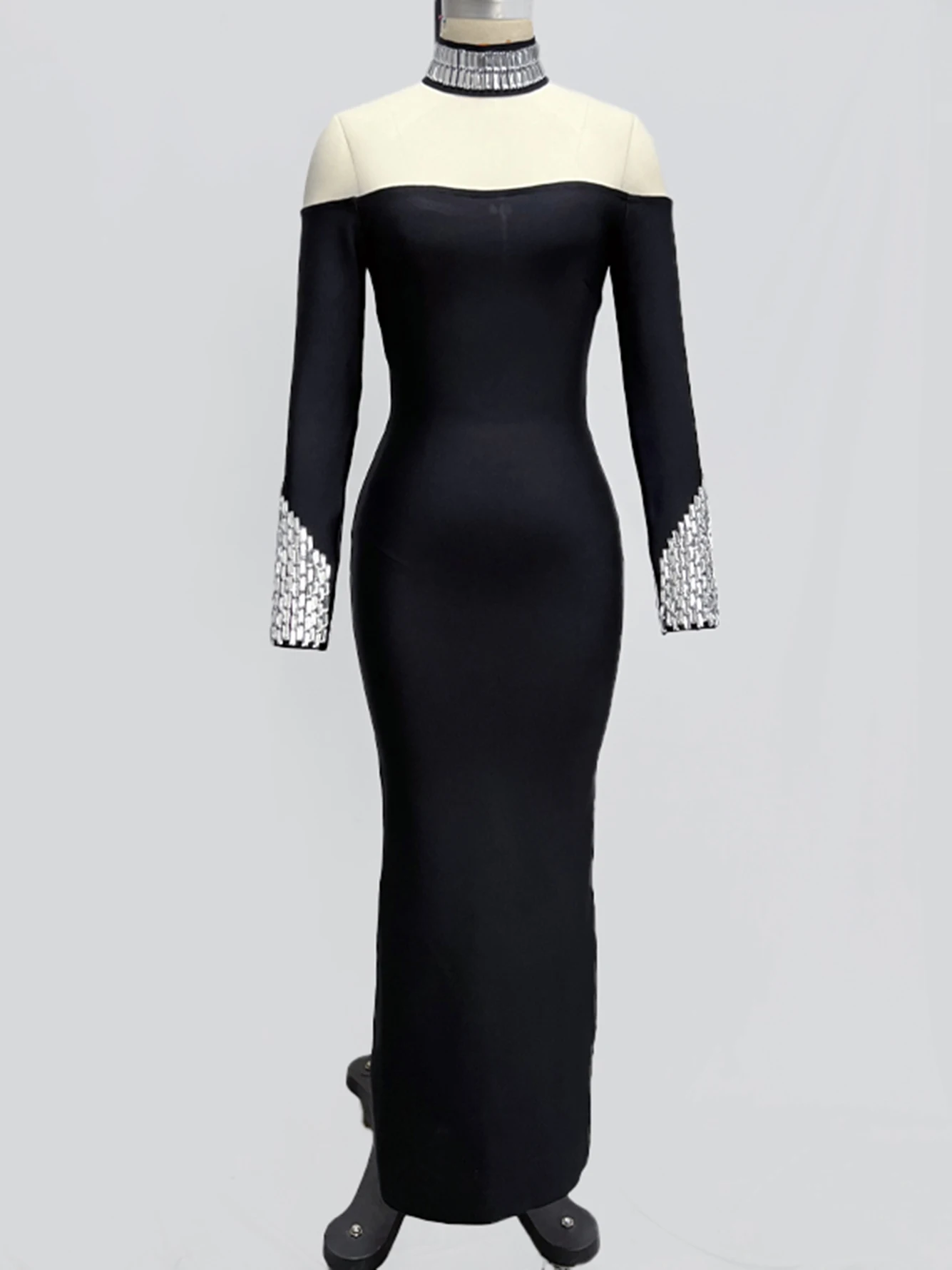 Женское платье-макси с длинным рукавом черное облегающее Сетчатое платье