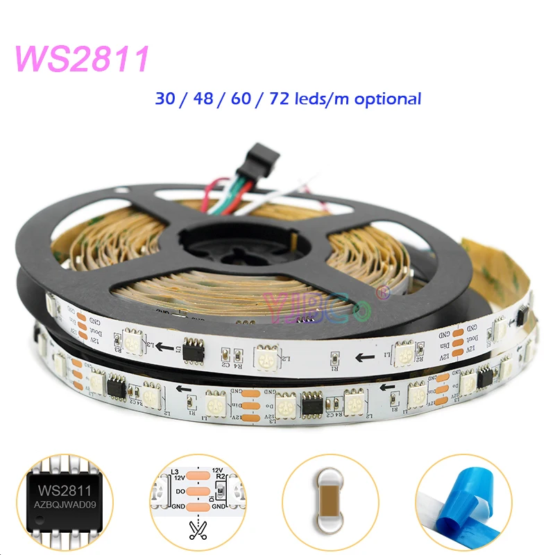 5m 12V 24V WS2811 addressable 5050 RGB flexible LED Strip 30/48/60/72 leds/m External IC 2811 pixel Smart Lights Tape IP30/65/67