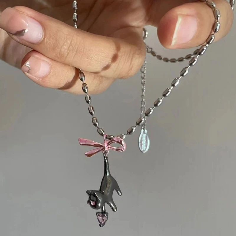 

Lucky Cat Necklace Black Cat Pendant Clavicle Chain Pink Choker Necklace Fashion Jewelry Women Girl Gifts
