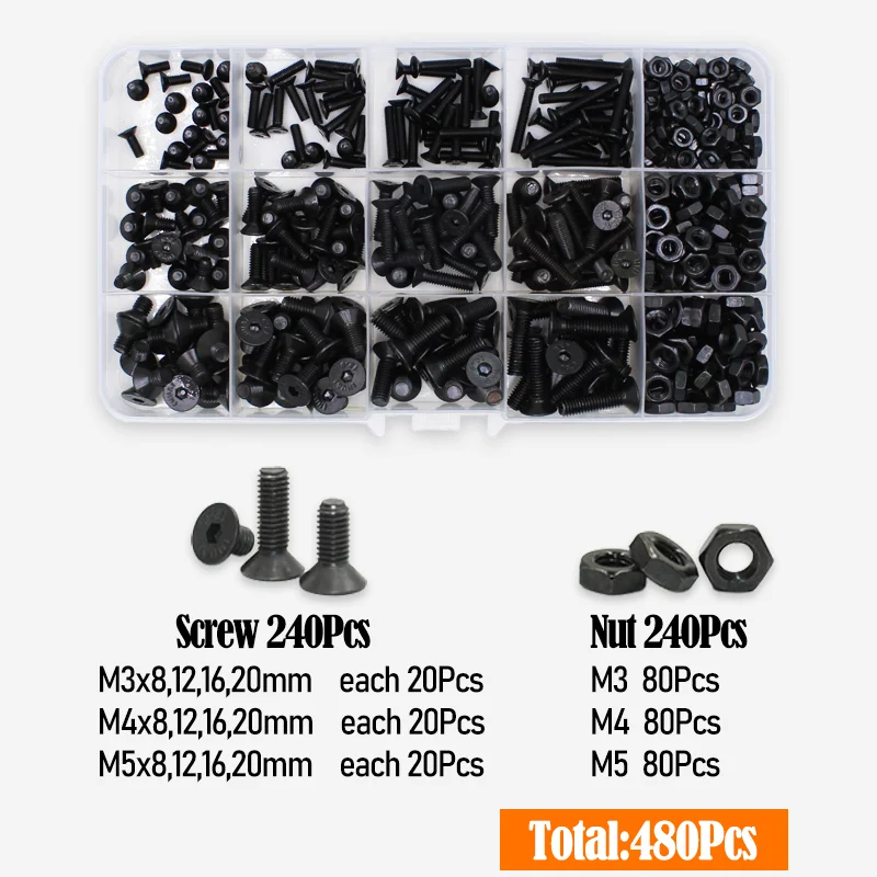 

Болт с шестигранной головкой и плоской головкой, комплект болтов с шестигранной головкой M2 M2.5 M3 M4 M5 M6 M8 Черный класс 10,9, стальной винт, гайка, шайба для автомобиля MTB
