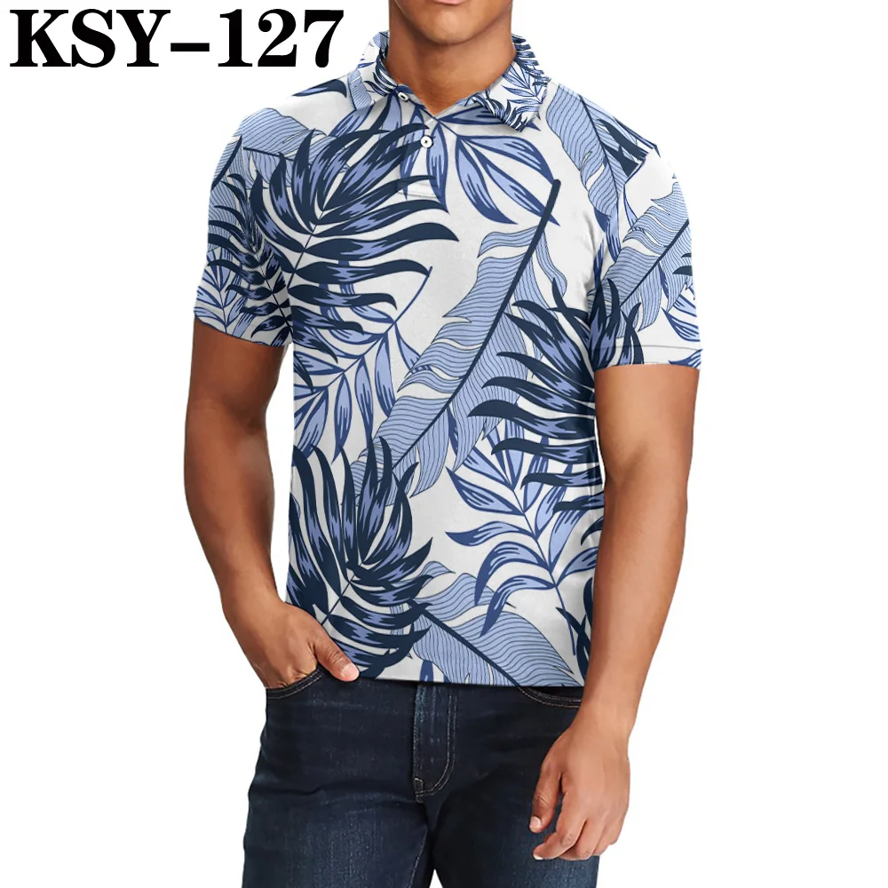 Men's Fashion Clothing Summer Button Polo HD Digital Print Hawaiian Style Lapel Polos Breathable Polyester Short Sleeve T-shirt