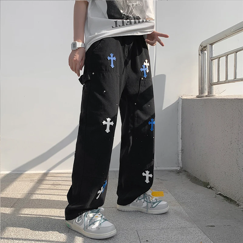 European and American Hip-hop Neutral Wide-leg Denim Trousers Loose Straight Crossover Overalls Men's Jeans Pants Casual Loose
