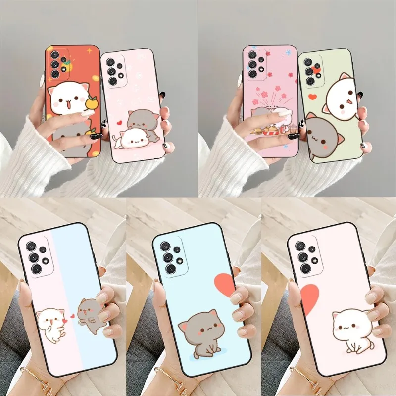 Peach Mochi Cat Cartoon Phone Case For Samsung A52 A51 A53 A12 A50 A33 A13 A22 A31 A40 A03S A32 A21 A81 A42 Silicone Black Cover