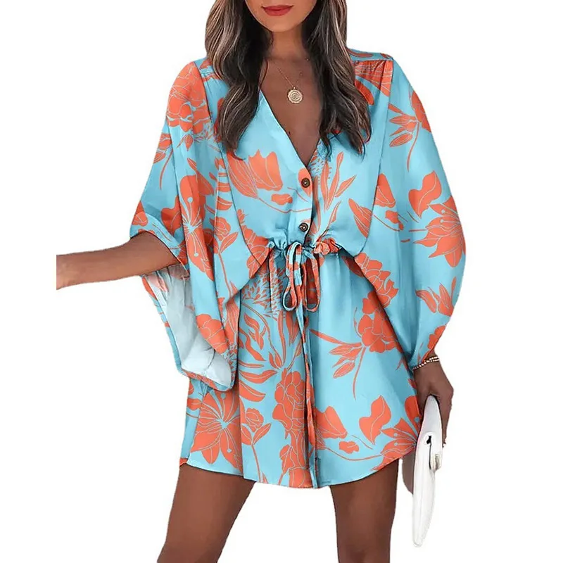 

Drawstring Summer Dress Woman Print V-Neck Half Sleeve Dresses for Women 2022 Batwing Sleeve Casual Female Dress Sundresses Robe