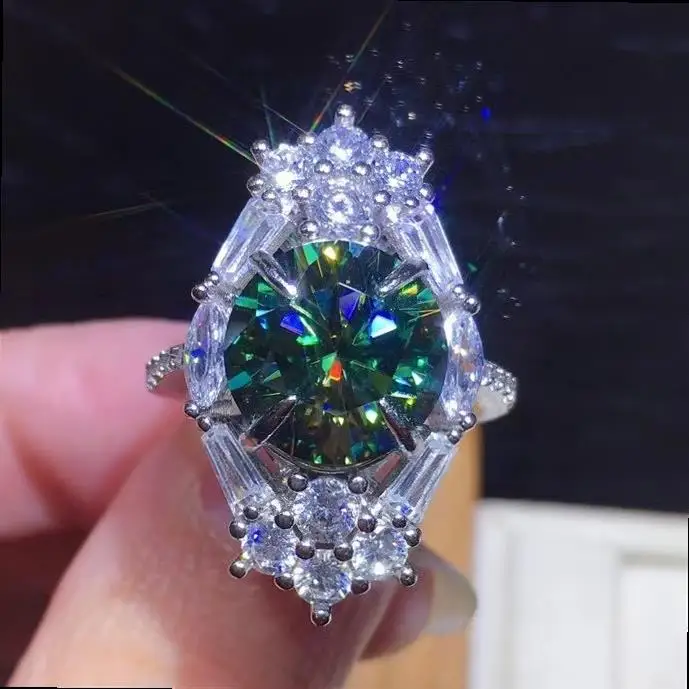 

New 5ct Blue-green Moissanite Diamond Ring 11mm VVS S925 Sterling Silver Bride Test Diamond Wedding High Luxury Jewellery Passed