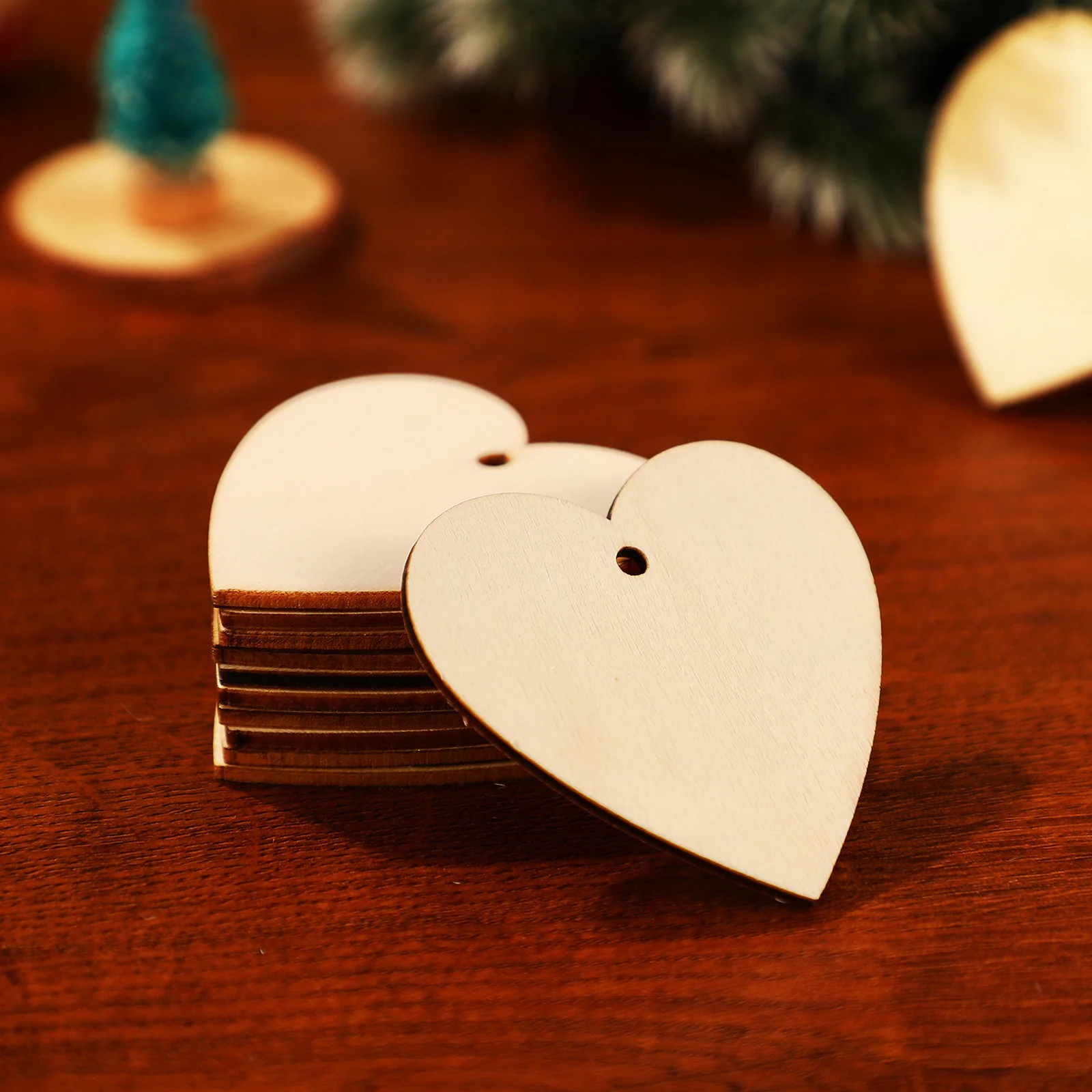 

50pcs Unfinished Wood Slices Wooden Hearts DIY Crafts Blank Ornaments Pendant Hearts with Ropes