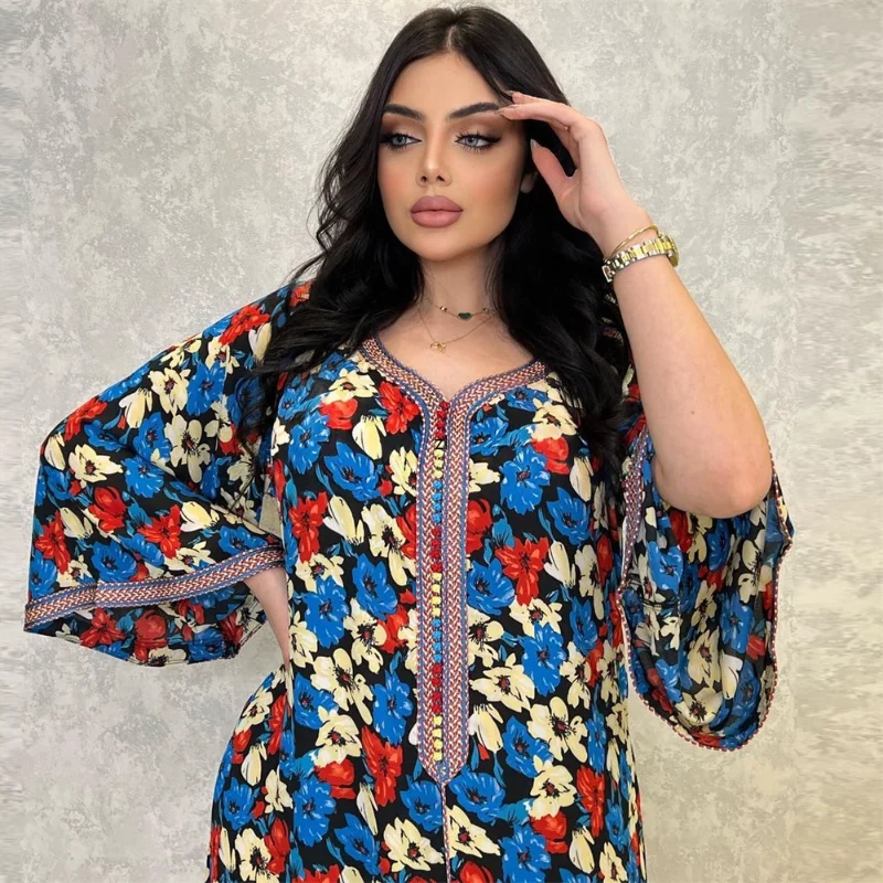 2022 Abaya New Moroccan Dress Women Kaftan Flower Print Long Sleeve Maxi Dresses Tape Trim V-Neck Casual Party Robe
