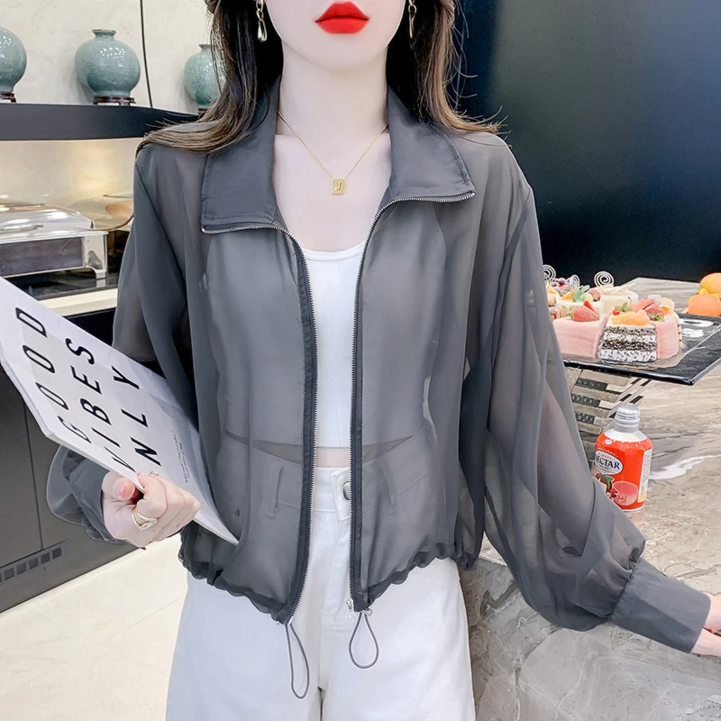 

Women Tops Summer New Breathable Sunscreen Cardigan Shirt Fashion Zipper Thin Short Coat Causal Loose Solid Color Clothes 27414