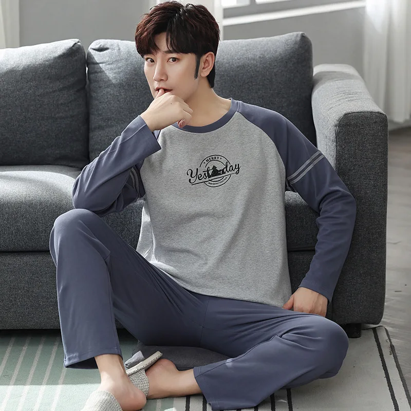 Pajamas Sets Men's Spring and Autumn Long Sleeved Trousers Simple Home Clothes Cotton Men's Large Autumn and Winter Casual Suits