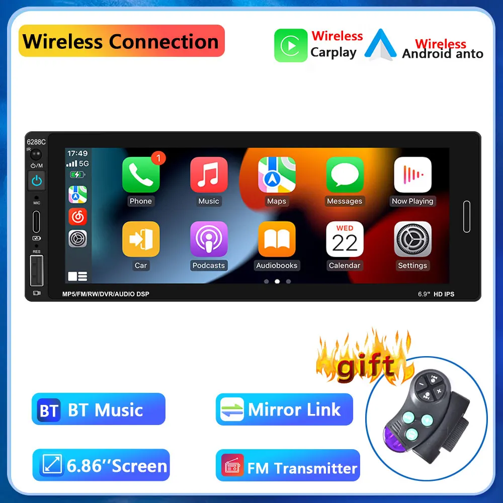 

Автомагнитола Podofo 1 Din, 6,86 дюйма, bluetooth, FM-радио, USB, IPS экран