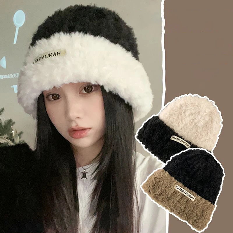 Осень-зима утолщенная плюшевая теплая шерстяная шапка женская корейская вязаная