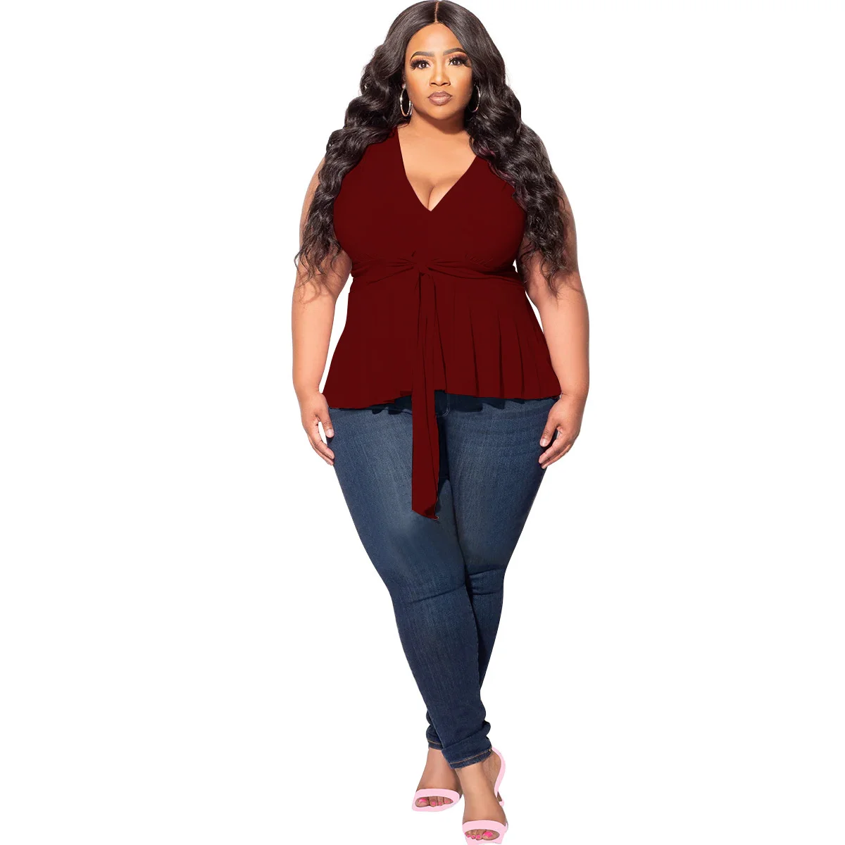 Plusee Women T-shirt Plus Size Solid Colour V-neck Sleeveless Lace-up Fashion Summer T-shirt Short Sleeve Casual Office Lady Top
