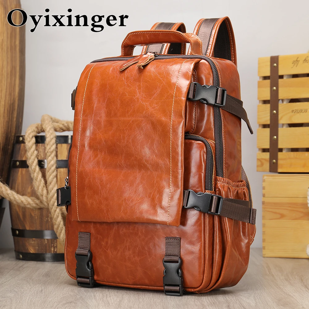 

OYIXINGER High Quality Genuine Leather Men Backpack For Teenage Boy 15.6" Laptop Bag School Backpack New Male Travel Backpacks