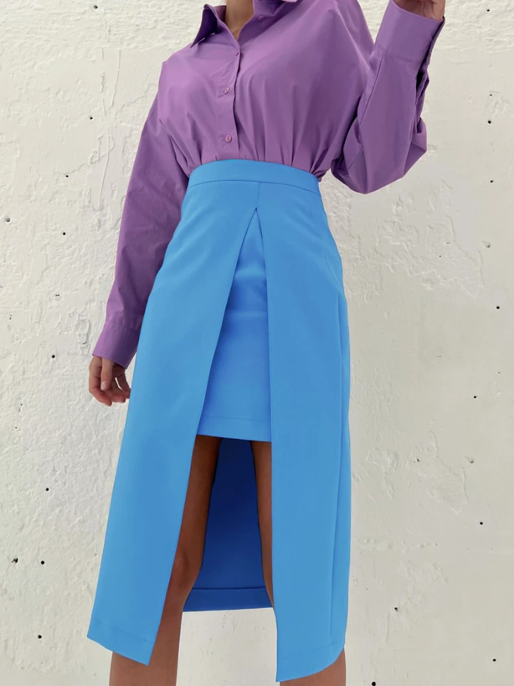 

Юбка женская ассиметричная до середины икры, с завышенной талией и разрезом