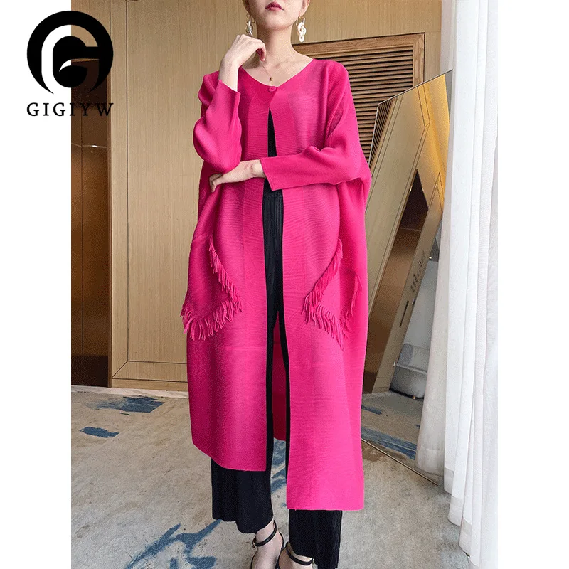 

GIGIYW Wrinkled Jacket Large Casual High-end Korean Taseel Thin Trench Coat Long Pleated Loose Fit Women Autumn 2022 New ZZ186