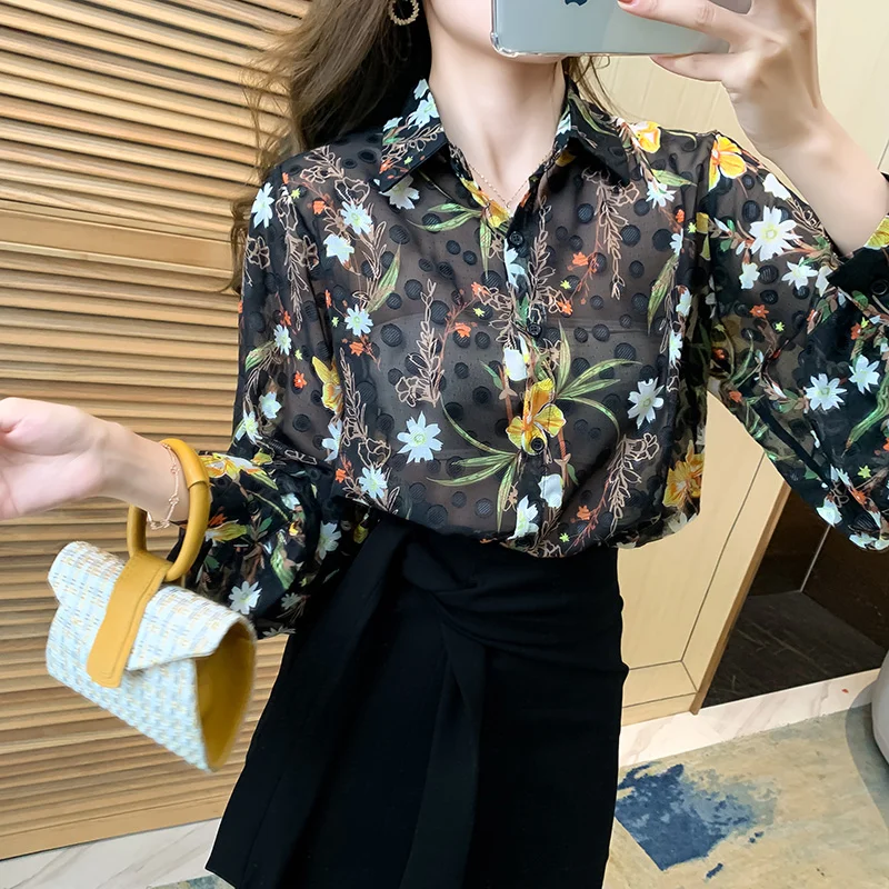 

Women Long Lantern Sleeve Embroidered Tops 2023 New Fashion Chiffon Shirt Autumn Print Blouse Female Loose Clothes Blusas 27892