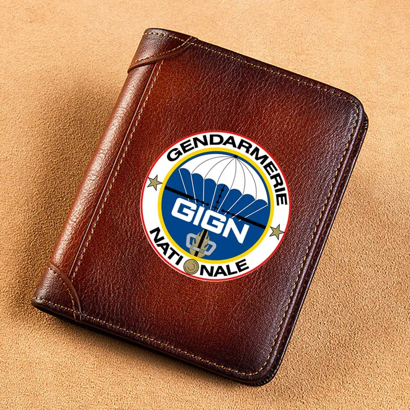 

High Quality Genuine Leather Men Wallets French Airborne Forces GIGN Printing Short Card Holder Purse Luxury Brand Male Wallet