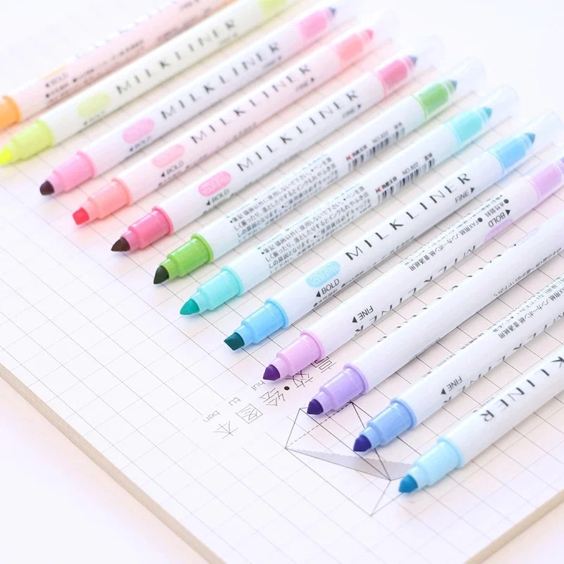 12Pcs Highlighter Markers Pen Dual Tip MilkLiner Pastel Color Eye-Protect Light Color Fluorescent Pens School Drawing Marker