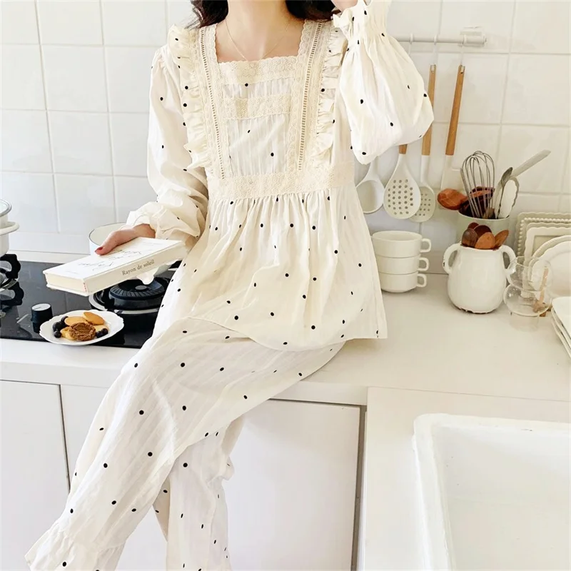 Women's Pajamas Set Full Sleeve T-shirt Long Pants 2Piece/Set Sexy Polka Dot Cotton Pyjama Big Size Princess Homewear Lace PJS